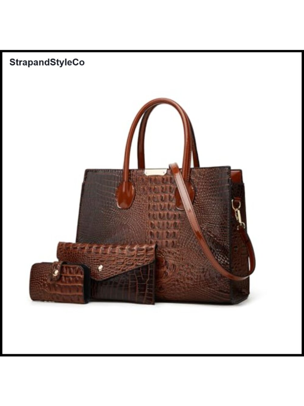 Crocodile Embossed 3-Piece Tote Handbag Set with Wallet